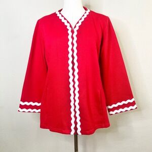 Bob Mackie Wearable Art Red Rickrack Trim Open Front Cardigan Jacket Large